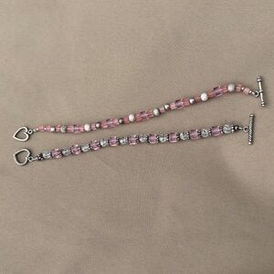 2 Handmade Pink & Clear Crystal w/ Silver Accents Bracelets
